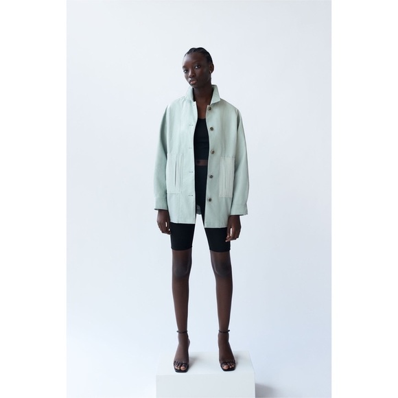 Zara | Combination Overshirt Faux Leather Jacket Sky Nlie NWT Size M - Picture 3 of 9